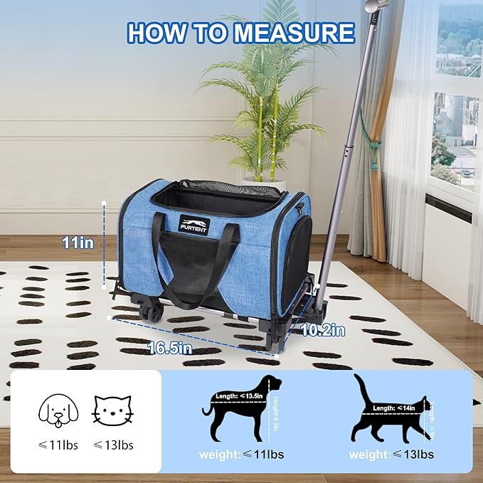 Cat Carrier with Wheels – Airline Approved Pet Travel Backpack, Soft-Sided Collapsible Rolling Carrier for Cats and Small Dogs, Expandable Top Loading Ventilated Design, Blue