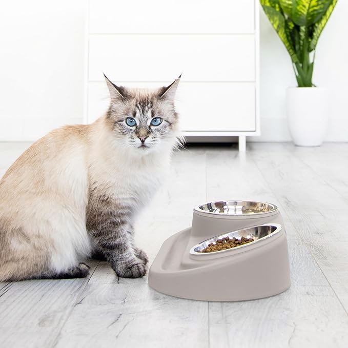 Ubbi Pet Feeding Bowls Set with Non-Slip Mat, Elevated & Flat Stainless Steel Dog or Cat Bowls, Ergonomic 15° Angled Feeder, Dishwasher Safe, Taupe