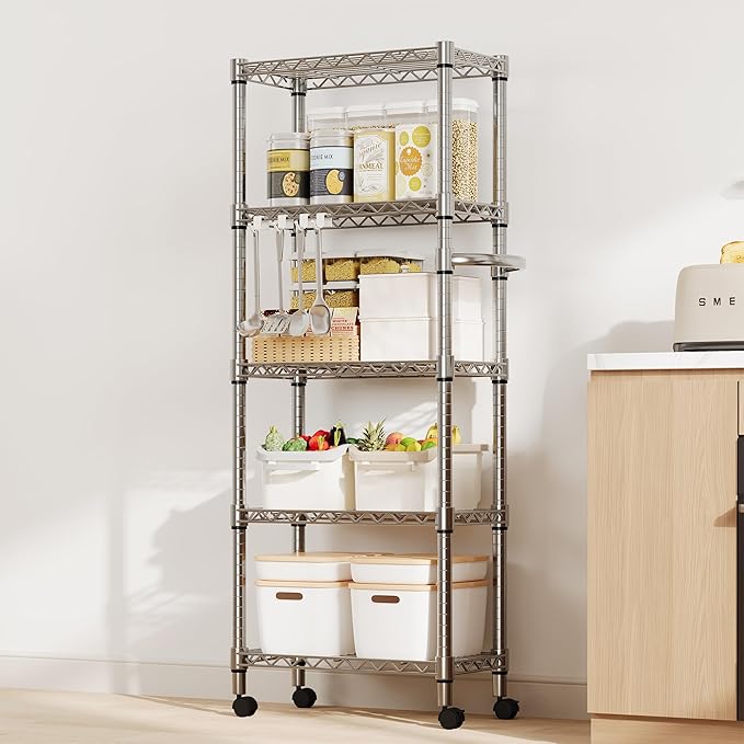 5-Tier Storage Shelves with Wheels and Adjustable Shelf, Heavy Duty Metal Shelving Unit Wire Rack Rolling Storage Shelving for Pantry Kitchen Garage Bedroom, 61" H x 23.6" W x 11.8" D