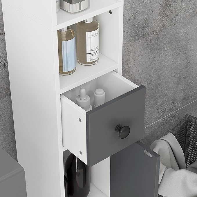 kleankin Narrow Tall Bathroom Storage Cabinet, 71" Slim Freestanding Bathroom Cabinet with Drawer, Open Shelves, 2 Doors and Adjustable Shelves for Small Spaces, Gray