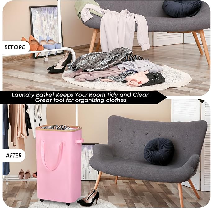 WELTRXE Laundry Hamper on Wheels 110L Large Clothes Basket with Lid and Extended Handles, Foldable Laundry Hamper for Bedroom, Bathroom, Dorm, Laundry Room, Pink Rolling Laundry Basket with Wash Bag