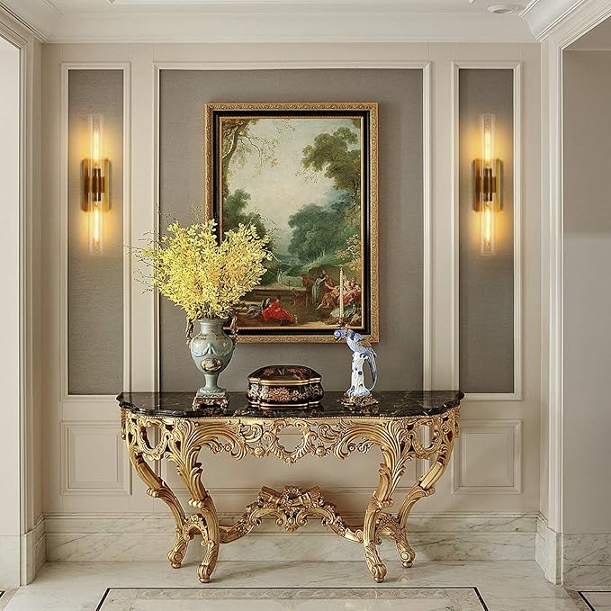 Brass Wall Sconces, 22.8" Bathroom Wall Sconce, Antique Brass Wall Sconces Set of 2, 2-Light Dimmable Wall Sconce, Sconces Wall Lighting With Glass, Bathroom Vanity Light, Tube Sconce for Living Room