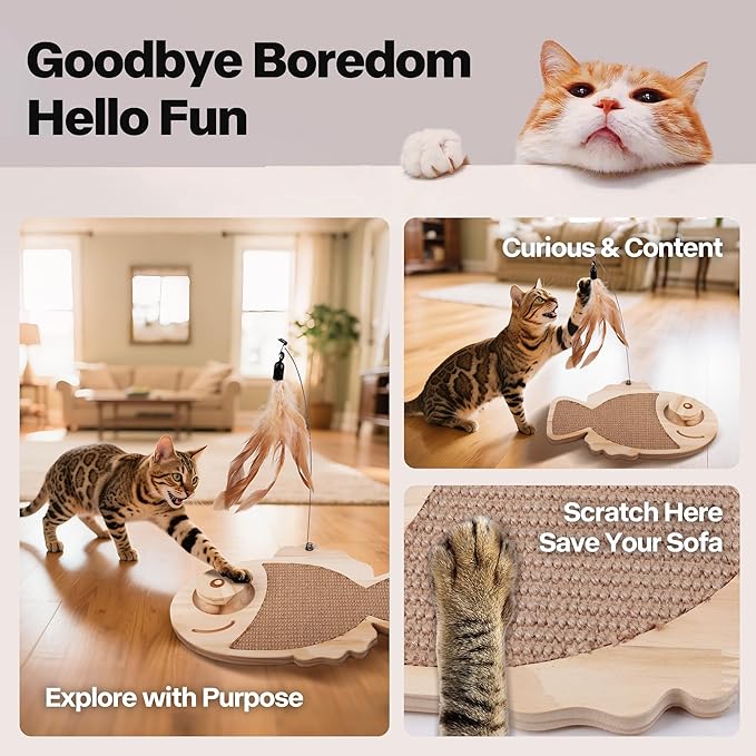 Pawise Cat Scratcher,Fish Shaped Cat Scratcher Toy,Natural Sisal Cat Scratching Board with Feather Teaser and Wooden Roller Ball Toy,Interactive Cat Toy for Indoor Cats (Fish)