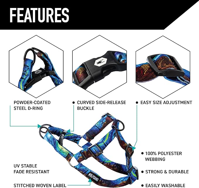 Wolfgang Heavy Duty Adjustable Dog Harness, Pull-Tested to Over 800 lbs for Walking & Training, StarryWolf Print, Small