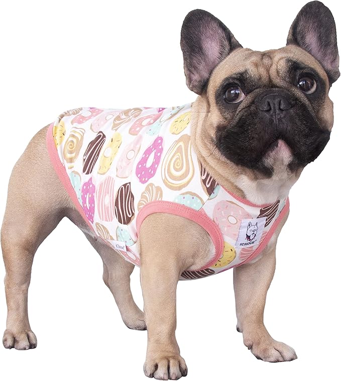 iChoue 3pcs French Bulldog Fruits Pattern Shirts 100% Breathable Cotton Tank Tops Vests Clothes for Frenchie Dogs, Strawberry Donuts Lemon, Large