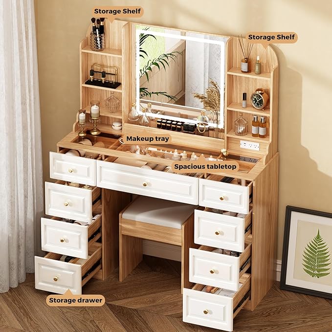 43" Makeup Vanity Desk with Mirror and Lights, & Power Outl, Glass Top Big Vanity Table with 9 Drawers& 8 Storage Shelves, Dressing Table Set with Chair for Bedroom, White+Oak