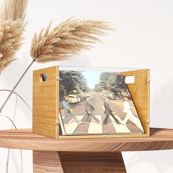 X-cosrack 3-Pack Vinyl Record Storage Box Crate, Visualize Acrylic & Bamboo Cube LP/Album Organizer Shelf Holder with Handle, Easy to Assemble