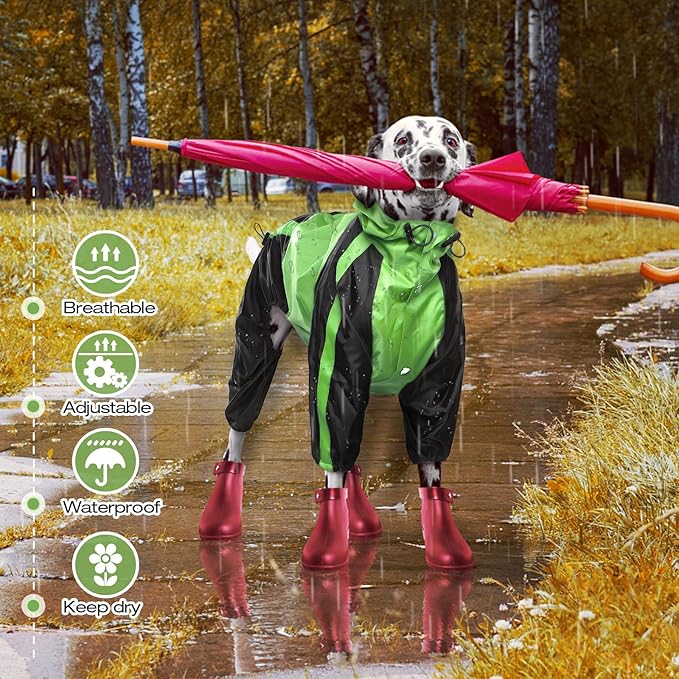 Lightweight Dog Rain Jacket, Adjustable 4-Legs Pet Poncho with Hood, Snow-Proof Dog Vest Rainwear, Rain Clothes Apparel with Leash Hole