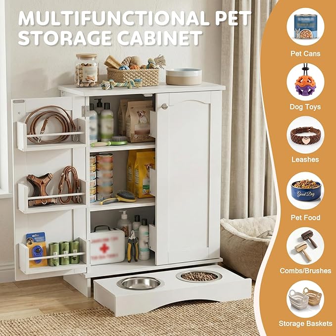 Dog Storage Cabinet with Bowls, Pet Food Storage Cabinet with Adjustable Shelves, Hidden Dog Feeding Station with Hooks, Letter Stickers, Pet Storage Organizer for Cats and Dogs, White