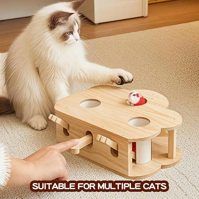 Wooden Whack-a-mole Interactive Cat Toy for Indoor Cats Interactive Pet Toy Box Cat Puzzle Toy for All Ages Cats for Indoor Play Exercise (3 Holes)
