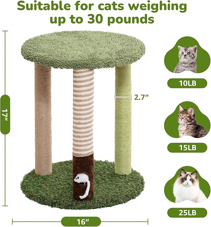 Cat Tree Tower with 3 Scratcher Posts 17inch Tall Cat Tree Sisal Scratching Posts with Fun Cat Toys for Kitty and Adult Cats Small Cat Tower and Perch Bed for Indoor Cats (Green)