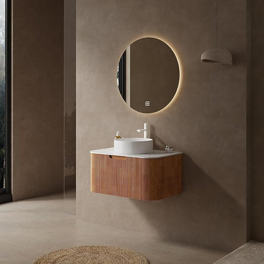 KEIKI 30" Bathroom Vanity Cabinet with Sink Combo, Wall Mounted Curved Edges Striped Floating Bathroom Vanity with Soft-Close Drawer, White Round Ceramic Basin Without Faucet, Natural Wood