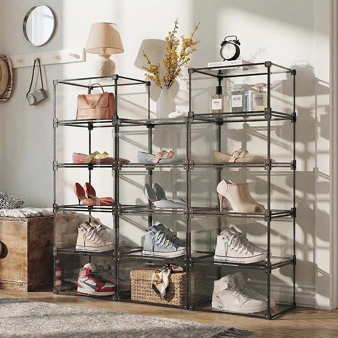 Transparent Plastic Storage Clear Shoe Display Case Box Organizer - Magnetic Side Open, 16PC (Black)