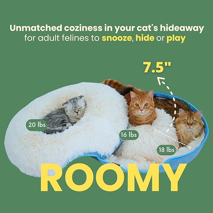 CATTASAURUS Peekaboo Cat Cave for Multiple & Large Cats Up to 30-45 Lbs, Fluffy Cat Beds for Indoor Cats, Scratch Detachable & Washable Tunnel Bed, Comfy Donut Cave (Blue, Large (Calming))