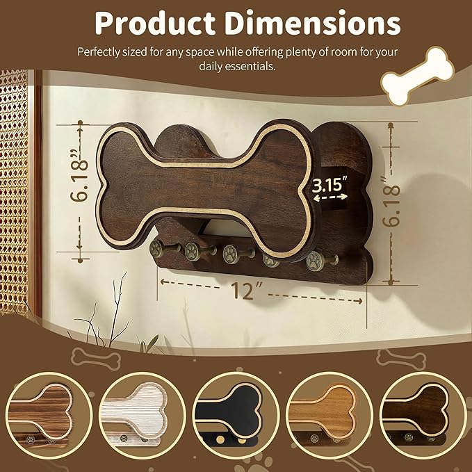 MTERSN Decorative Dog Leash Holder for Wall - Bone Shape Key Holder Wall Mount with 5 Cute 3D Doggie Paw Key Hooks & Floating Shelf to Organize Dog Stuff - Wall Decor Living Room for Pet (Dark Acacia)