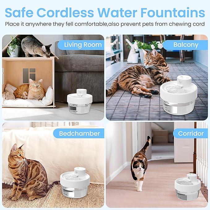 MASBRILL Cat Water Fountain, Battery Operated Water Fountains for Cats Indoor - 1L Wireless & Automatic Cat Water Dispenser - Pet Drinking Fountain with Filter/Motion Sensor/Silent Pump