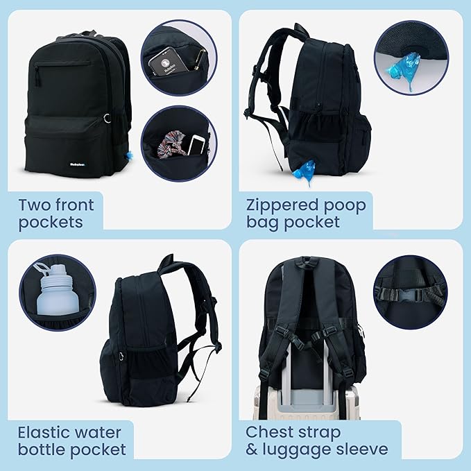 Dog Travel Bag for Supplies - Complete Doggy Diaper Bag Backpack - Ideal Gift for Dog Lovers, Doggy Moms & Dads for Christmas - Laptop Sleeve, 2 BPA-Free Bowls, Food Container, Treat Pouch: Black