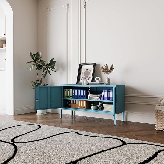 Blue Metal Storage Cabinet with Lock, 2-Door Wide Organizer, Adjustable Shelves, Multifunctional TV Stand & Entertainment Center for Bedroom, Living Room, 24" H x 39.4" W x 15" D