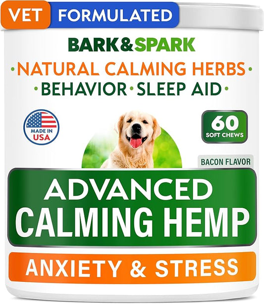 BARK&SPARK Advanced Calming Hemp Treats for Dogs - Hemp Oil + Melatonin - Anxiety Relief - Separation Aid - Stress Relief During Fireworks, Storms - Aggressive Behavior, Barking - 60Chews