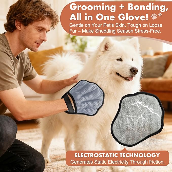 Pet Hair Removal Glove, Electrostatic Pet Hair Remover Glove for Cats & Dogs, Hair Remover Tools for Couch, Carpet, Clothing, Car Seat - Upgraded Five-Finger, Reusable, Grey+Grey