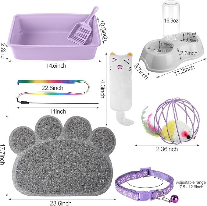 7 Pcs Small Cat Kitten Starter Kit Cat Litter Box with Shovel Paw Litter Mat Double Automatic Kitten Bowls Toy Teaser Stick Collar Essentials Kits for 1-3 Lbs Beginner(Simple,Purple)