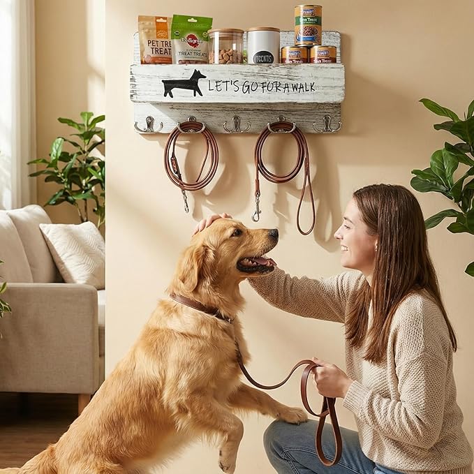 Wood Dog Leash Holder for Wall, Key Hangers with 5 Double Key Hooks, Dog Leash Hanger Wall Mounted for Entryway, Farmhouse Treats,35cm,White
