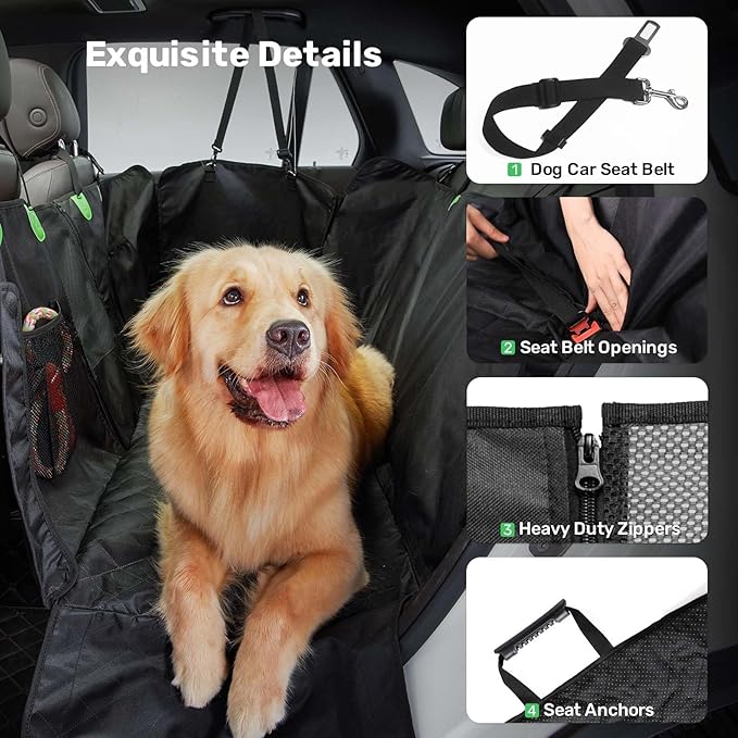 Zanch 2025 Upgrade Dog Car Seat Cover - 100% Waterproof Anti-Scratch, Passenger Friendly Back Seat Protector, Nonslip Pet Hammock with Durable Velcro Side Flap for Cars, SUV, Trucks, Standard-Black