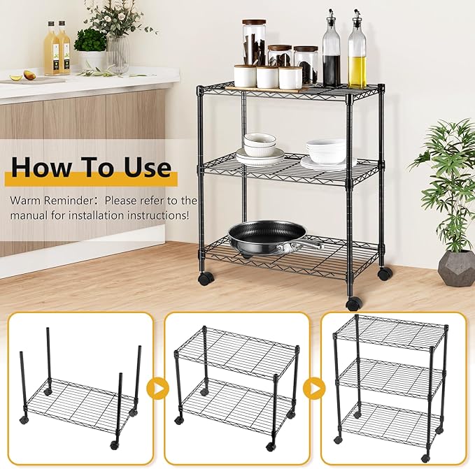 3-Tier Storage Shelves Steel Plant Stand Household Sturdy, Mesh Metal Storage Rack Unit with 360°Removable Wheels for Kitchen/Living Room/Bathroom/Laundry Room/Pantry/Garage/(Max Load Capacity 200 lb)
