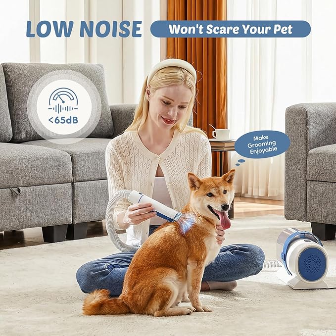 DUMOS Pet Grooming Vacuum Kit 2.5L, 3 Adjustable Suction Modes Pet Clipper, 5 Professional Grooming Tools with Cordless Low Noise Dog & Cat Hair Clippers, Blue & White
