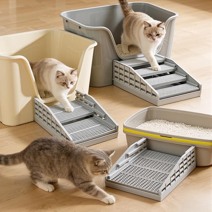 Adjustable Litter Box Step for Cats, 4-Layer Litter Catcher Ramp for Automatic Litters Robot, Cat Stool for Kittens and Senior Cats, Cat Steps for Litterbox Easy Clean (Grey)