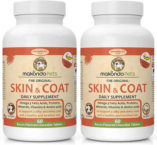 Skin and Coat Supplement with Fish Oil and Omega 3 for Dogs and Cats - Dog Itch Relief Pet Supplement for Shedding, Dry Itchy Skin and Allergies - Dog Allergy Treatment Vitamins (2-Pack, 120 Tabs)