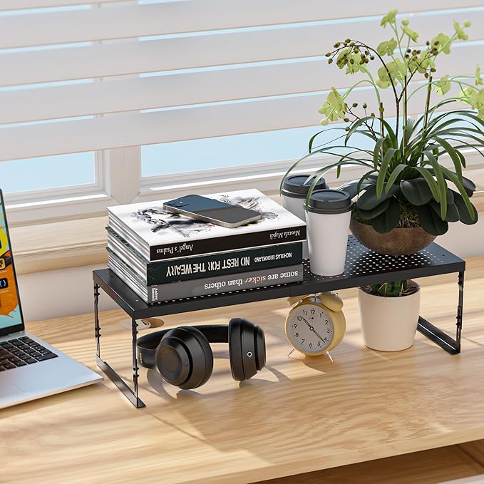 Adjustable Stackable Metal Storage Shelf Organizer - Expandable Wire Rack with Perforations for Kitchen, Pantry, Bathroom, Cabinet & Office-Compact, Durable & Sturdy (3PACKS/Medium/Black)