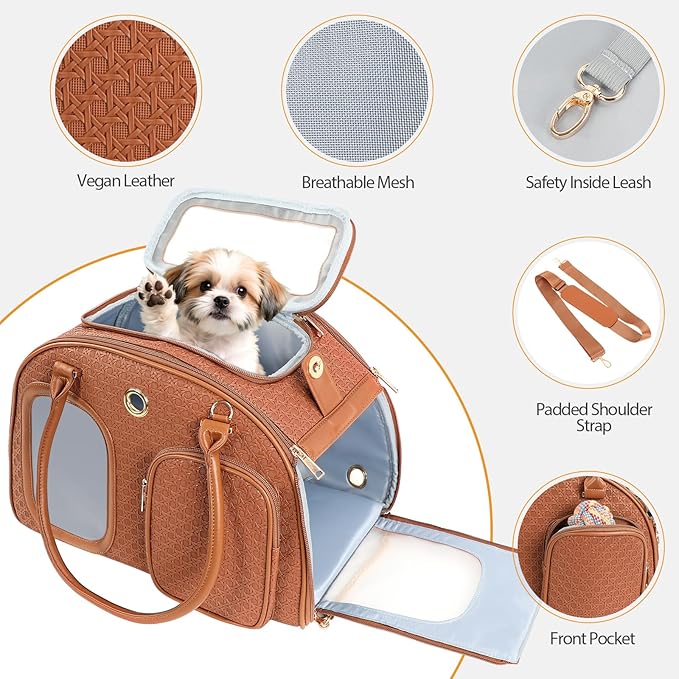 Dog Purse Carrier for Small Dogs, TSA Airline Approved Pet Tote Bag, Fashion Soft-Sided Puppy Carrier Purse with Pockets for Travel, Shopping, Daily Use (Brown, 16.1inch x 8.7inch x 12inch(LxWxH))