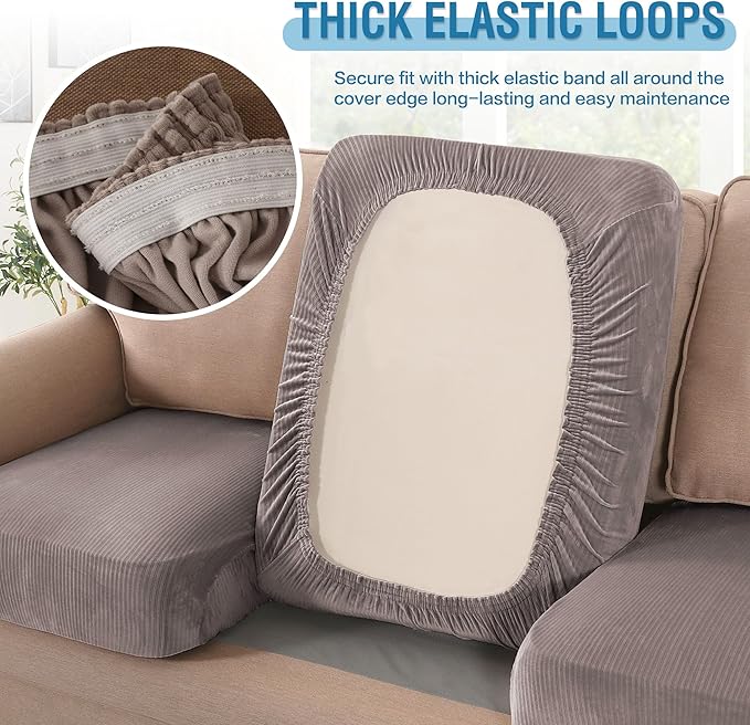H.VERSAILTEX Velvet Stretch Couch Cushion Cover Plush Cushion Slipcover for Chair Loveseat Sofa Cushion Furniture Protector Seat Cushion Sofa Cover (3 Piece Sofa Cushion Covers, Taupe Striped)