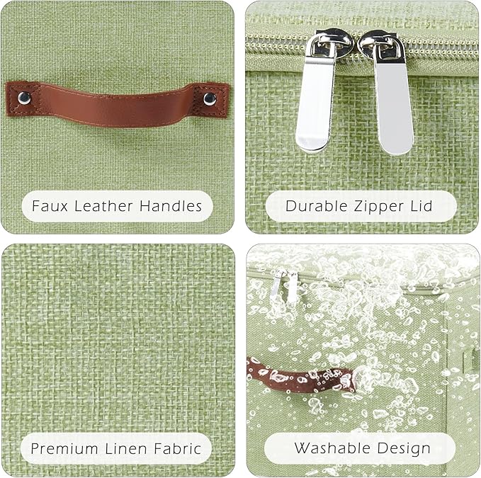 4 Pack Storage Bins with Zipper Lid Cotton Linen Fabric Lidded Storage Baskets Boxes Foldable Washable Closet Shelf Clothes Organizer Container with PU Leather Handles (Green, Large)