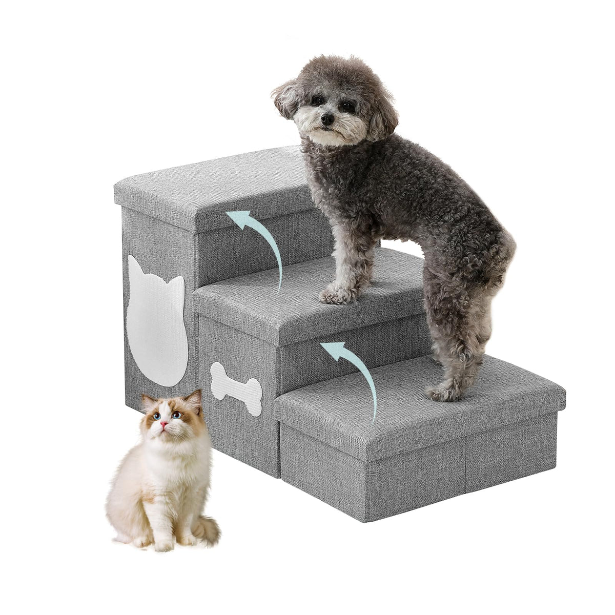 3-Step Dog Stairs for Small Dogs, Folding Dog Steps for Bed, Grey - Image 1