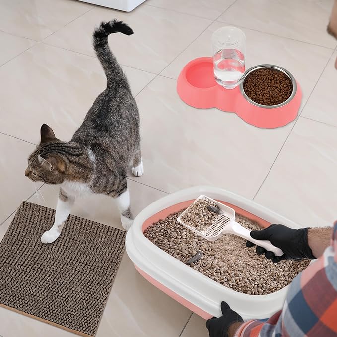 5 Pcs Small Cat Kitten Starter Kit Include Litter Box with Shovel Cat Paw Litter Mat Scratch Pad Automatic Bowls Turntable Toys Balls Essentials Kits for Kittens Life(Pink)