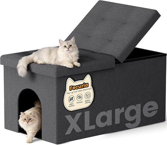 3-in-1 Cat Litter Box Enclosure with Odor Control, Multi-Functional Hidden Litter Box Furniture Bench, Dog Proof, Space-Saving Ottoman Cabinet with Flip-Up Lid, Extra Large, Dark Grey