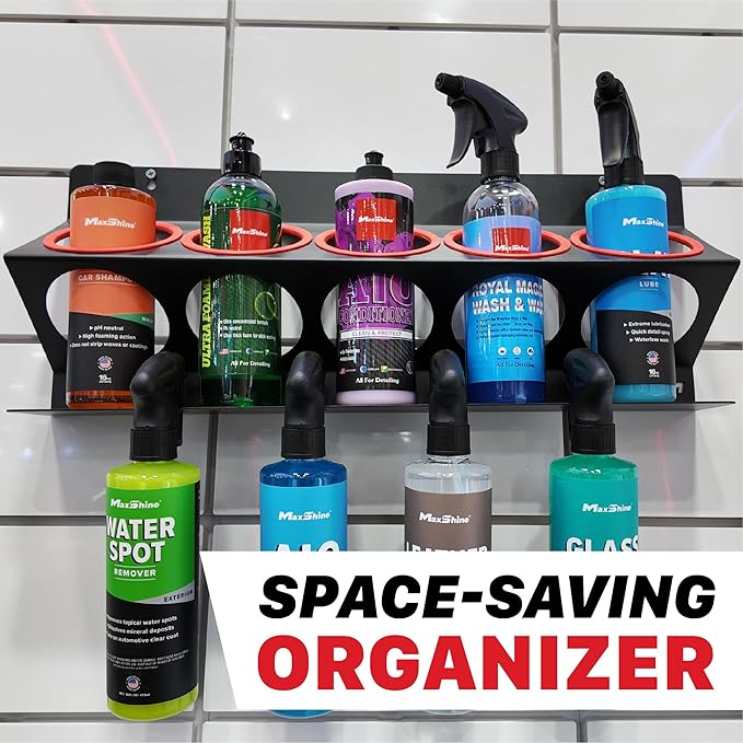 Maxshine Universal Detailing Spray Bottle Holder (2-Pack) – Mobile Detailing & Car Garage Organizer, Holds 5 Bottles (16/32oz) with 4 Small Holes – Lightweight Design, Easy Wall Mounting