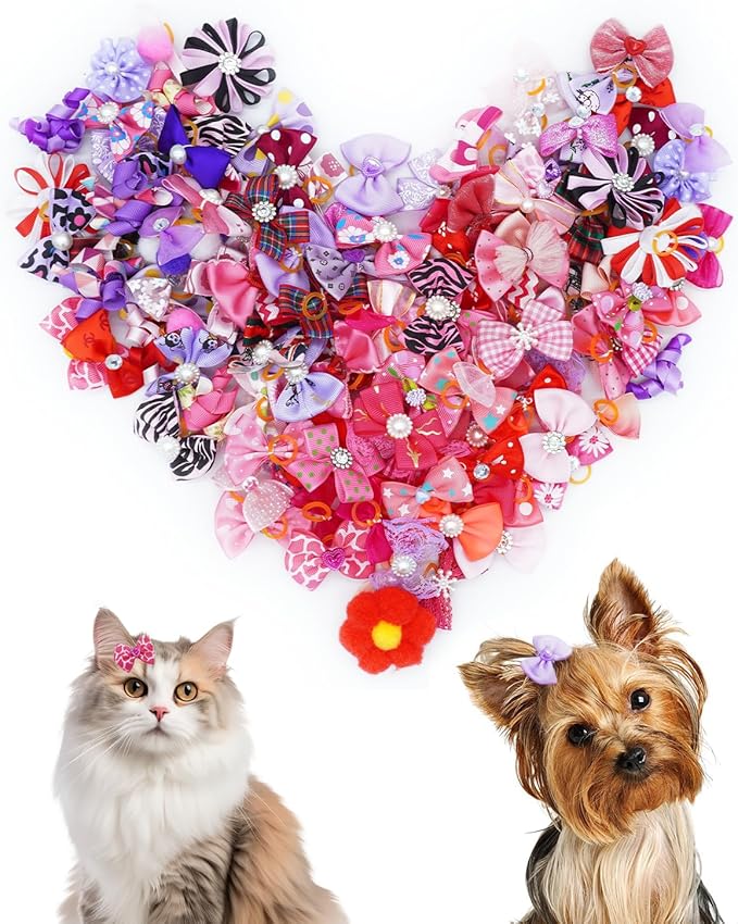 PET SHOW 100 Pack Girl Dog Hair Bows with Rubber Bands for Small Dogs Female Puppies Yorkies Pink Topknot Red Purple Medium Dogs Cats with Long Hair Assorted Pet Grooming Accessories (100)