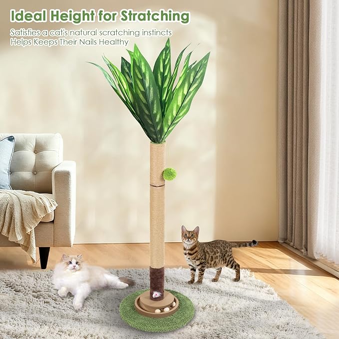 Cat Scratching Post, 35 Inch Tall Cat Scratcher Cat Tree Tower with Hanging Ball for Indoor Cats Adults,Sisal Rope Kitten Scratch with Interactive Mouse Cat Toy (41in, Peacock Plant Leaves)