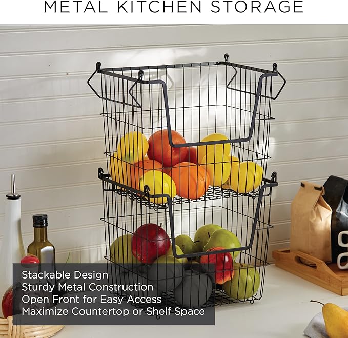 DII Metal Wire Mesh Stackable Utility Storage Bin, Large Rectangle, 13x10x11, Black/Gold