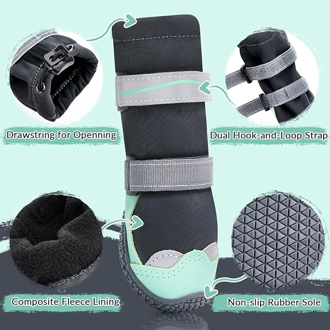 Lukovee Dog Shoes - Waterproof Fleece Lined Dog Boots for Large Small Medium Dogs, Reflective Booties with Non-Slip Rubber Sole for Rain Winter Cold Weather (Green,Size 1)