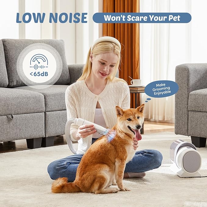 DUMOS 2.5L Pet Grooming Vacuum Kit, 3 Adjustable Suction Modes, 5 Professional Grooming Tools with Cordless Low Noise Dog & Cat Hair Clippers, Ivory