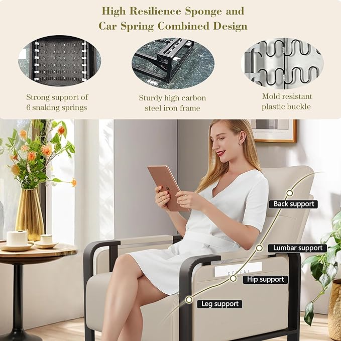 Modern PU Leather Accent Chairs Set of 2 Upholstered Armchairs with Tray Table Leisure Side Chairs for Living Room Bedroom Office Beige
