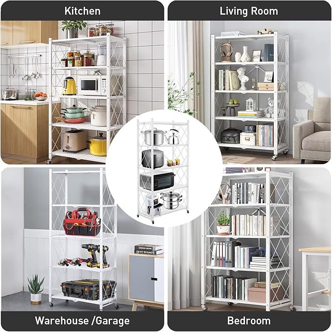 Folding Shelf Foldable Shelves with Wheels - Folding Shelves No Assembly, Collapsible Shelf Unit Display, Kitchen Organizers and Storage, Pop Up Heavy Duty Rack , 5-Tier White 28"D x 14"W x 63"H