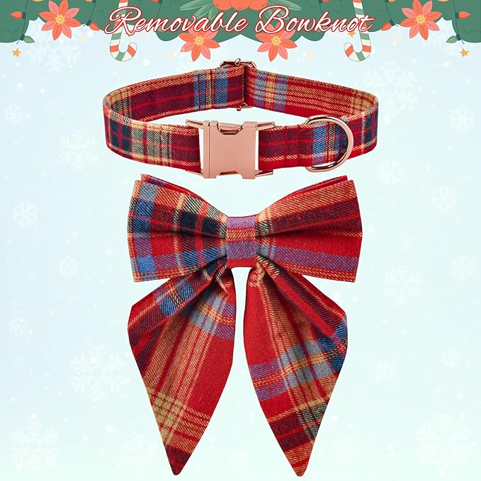 Vehomy Christmas Dog Collar with Bow Adjustable Plaid Collar with Bowknot Christmas Day Pet Accessory Plaid Bowtie Collars for Small Medium Large Dogs S