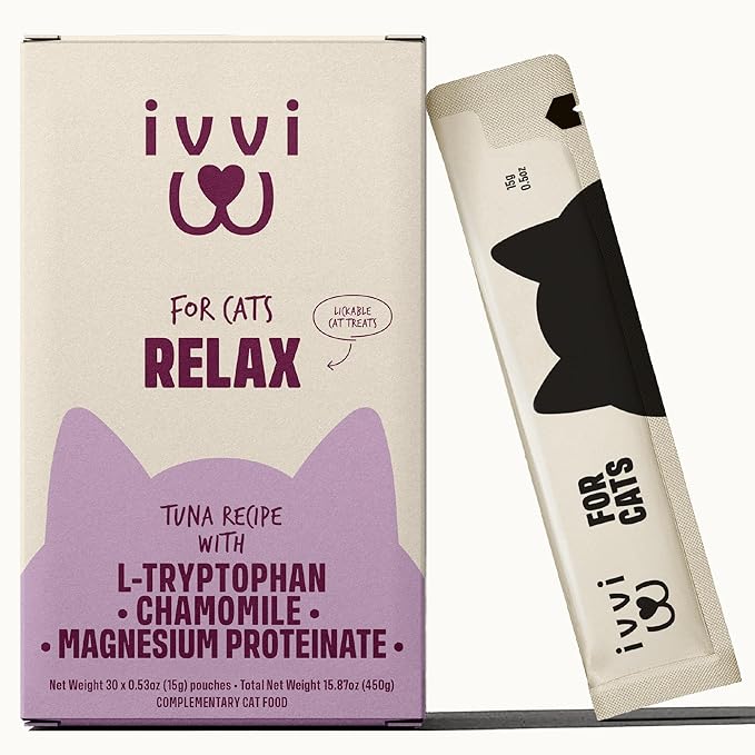 Relax for Cats – Calming Cream with Tryptophan, Casein, Magnesium & B Vitamins – Natural Stress Support – 30 x 0.53 oz Sachets – with Real Tuna