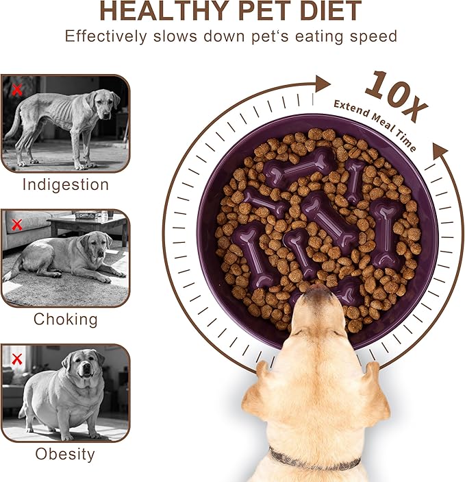 Ceramic Slow Feeder Dog Bowl, 1.5 Cup Dog Food or 20oz Water, Slow Eating Bowl for Small Breed, Maze Puzzle Feeder for Fast Eaters, Anti-Choking Stop Bloat, Non-Slip BPA Free (Purple)