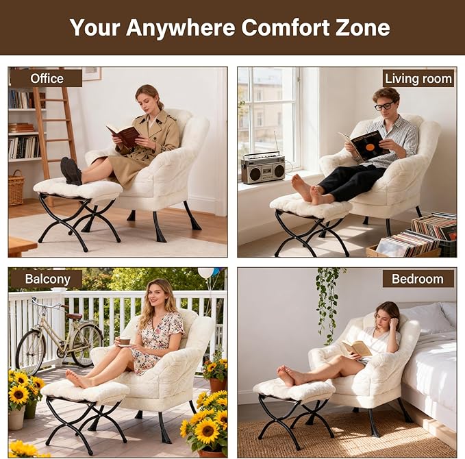 Welnow Lazy Chair with Ottoman, Modern Lounge Accent Chair with Armrests and a Side Pocket, Leisure Sofa Armchair, Reading Armchair with Footrest for Small Space, Plush Beige